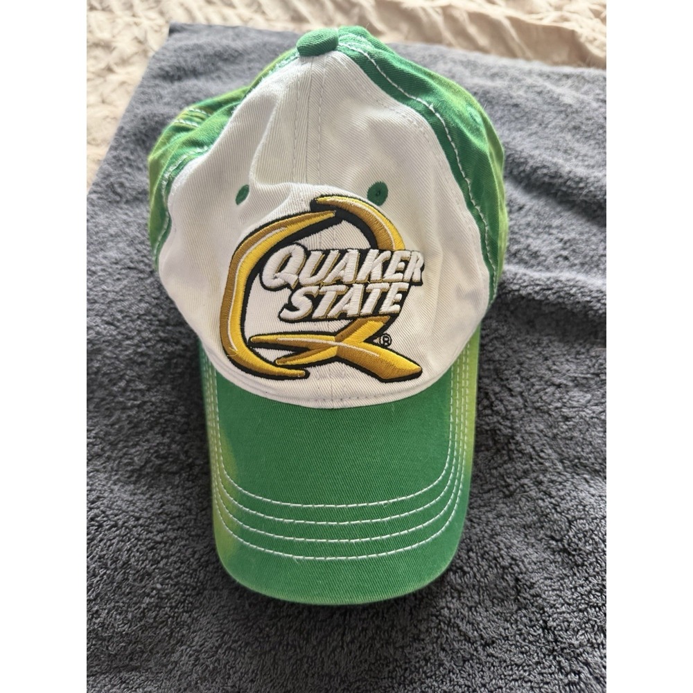 Quaker State oil green faded look cap hat, big logo, snapback, os